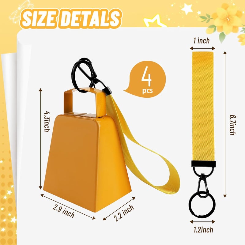 EcoBrisa 4Pack Cow Bells Metal Noisemaker Cheering Bell 4" Cowbell with Wrist Strap Ribbon for Sporting Events,Games, Party,Hand Percussion,Football Games and Celebrations (Solid Yellow) - Image 2